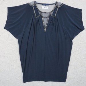 French Connection* Women's Short Sleeve Boat Neck Lace‎ Sequence Blouse~ Medium